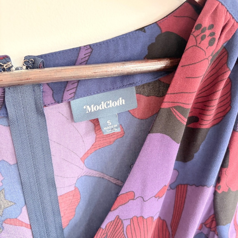 ModCloth Aiming Higher Jumpsuit Small Retro Floral Blue Wide‎ Leg Short Sleeve - Picture 6 of 7